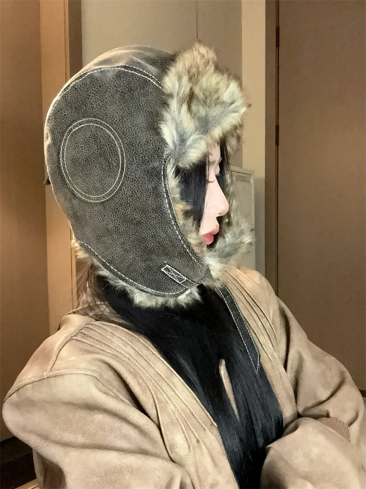 Ретро шапка Lei Feng женская зимняя теплая с наушниками утолщенный плюшевый капот