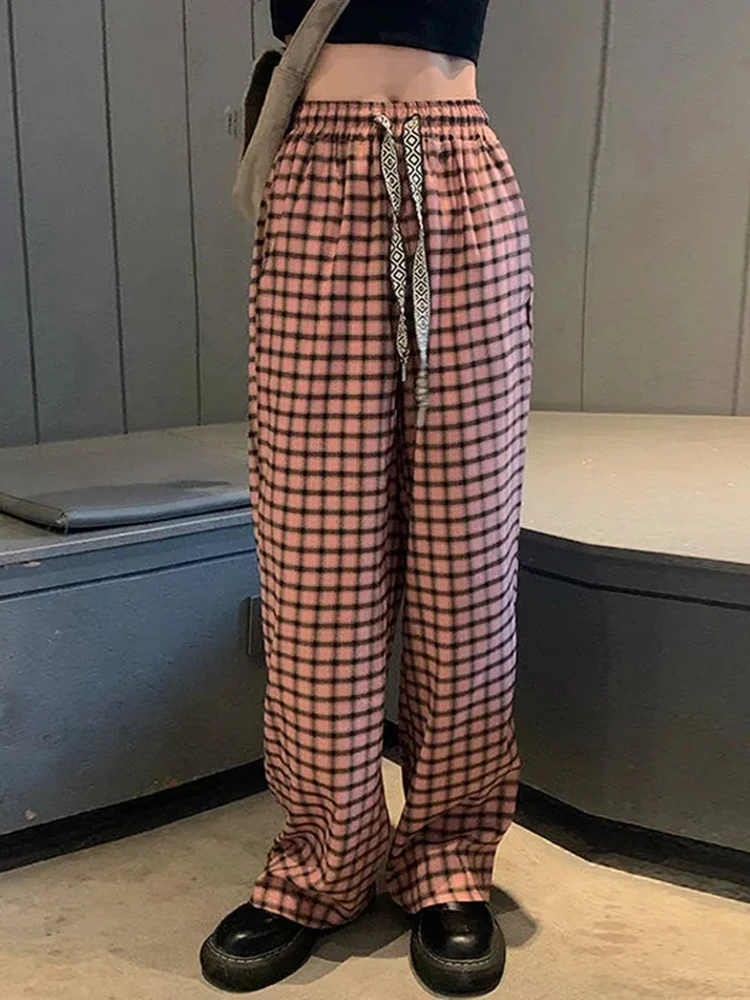 ZOKI Cute Pink Women Plaid Pants Casual Oversize Loose Wide Leg Trousers Retro Harajuku Hip Hop All-match Female Streetwear New