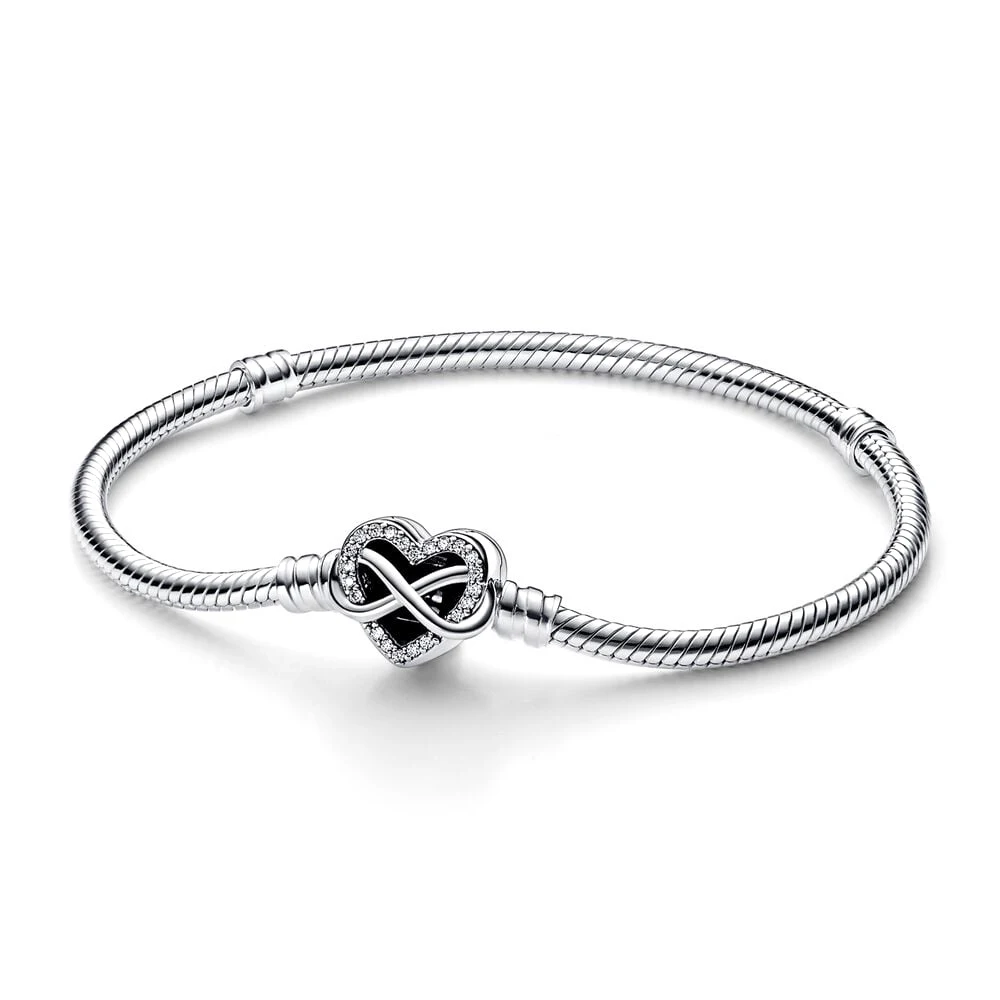 

2023 New 925 Sterling Silver pan Moments Sparkling Infinity Heart Clasp Snake Chain Bracelet Fit Women DIY Charms Gifts