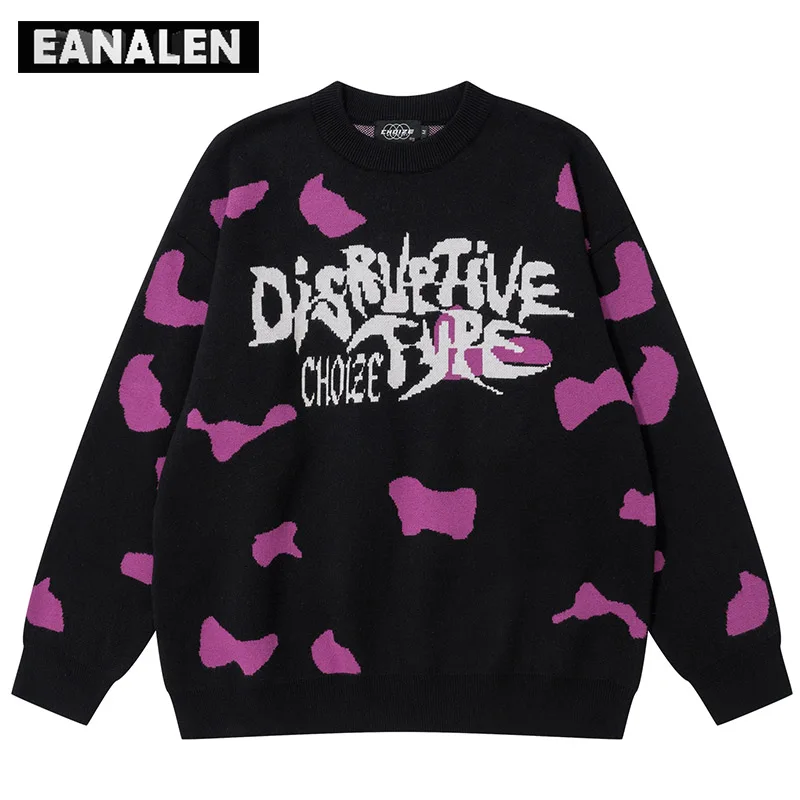 

Винтажный черный свитер в стиле Харадзюку с граффити, мужской зимний джемпер оверсайз, вязаный пуловер, готический Повседневный уродливый свитер дедушки для женщин