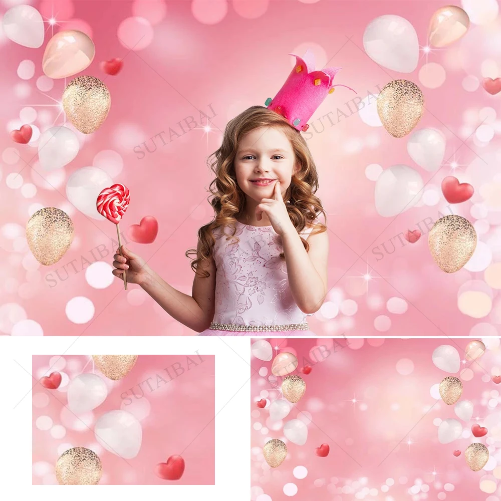 

Valentines Photography Background Pink Love Heart Gold Glitter Balloon White Dots Wedding Decoration Vinyl Backdrops Photo Props