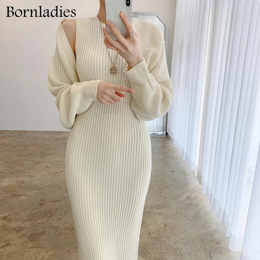 

Bornladies Autumn Winter Women Knitted Dress Sets Korean Cardigan Vest + Knitted Sleeveless Long Dress Suit Sets Sweater Set