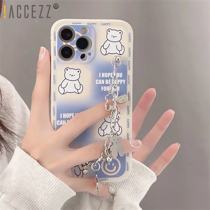

!ACCEZZ Case for iPhone 13 12 11 pro max X XS XR 7/8 Plus 6 6s 3D White Bear with Chain Lanyard Soft Phone Case Cellphone Cover