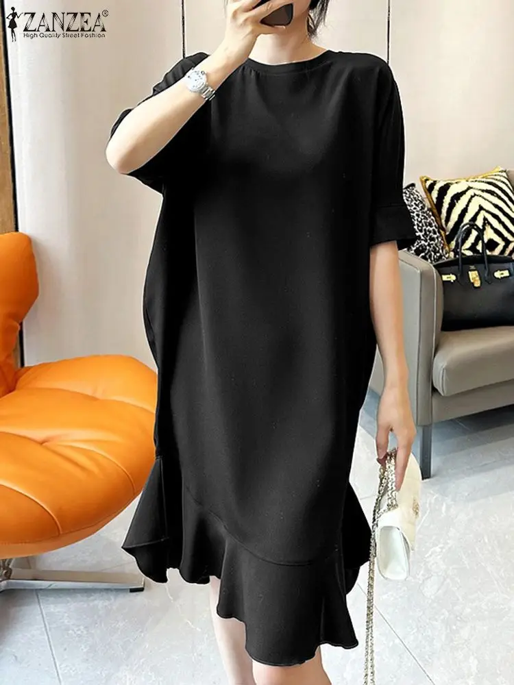 

ZANZEA Round Neck Casual Dresses Ruffles Hem Solid Dolman Sleeve Korean Fashion Knee-length Dress Loose Women Autumn Vestidos