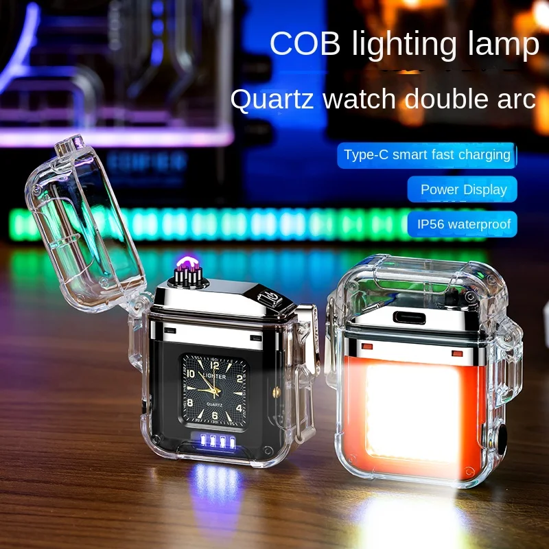 

2023 True Watch Transparent Waterproof Dual Arc USB Lighter Outdoor COB Lighting Lamp Power Display Smoking Accessories Gadgets