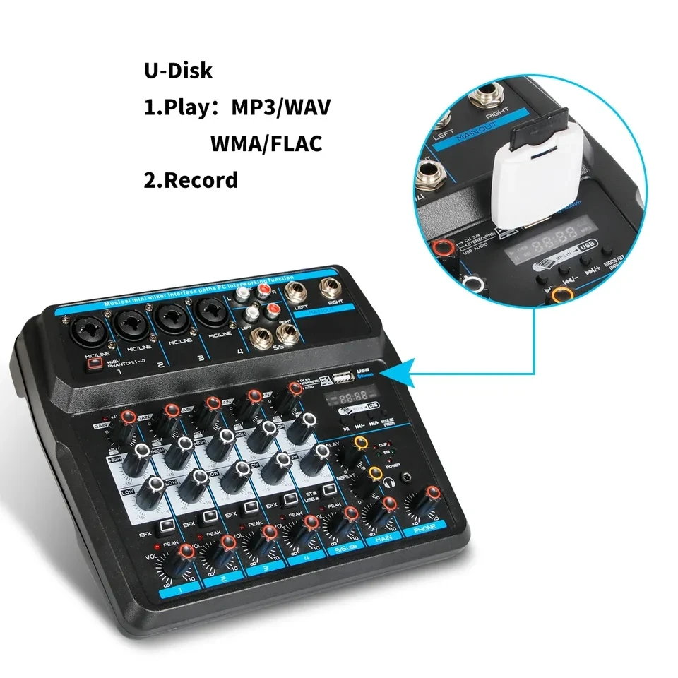 Portable Mini Mixer Audio Dj Console with Sound Card,USB,48v Phantom Power for Pc Recording Singing Webcast Party enlarge