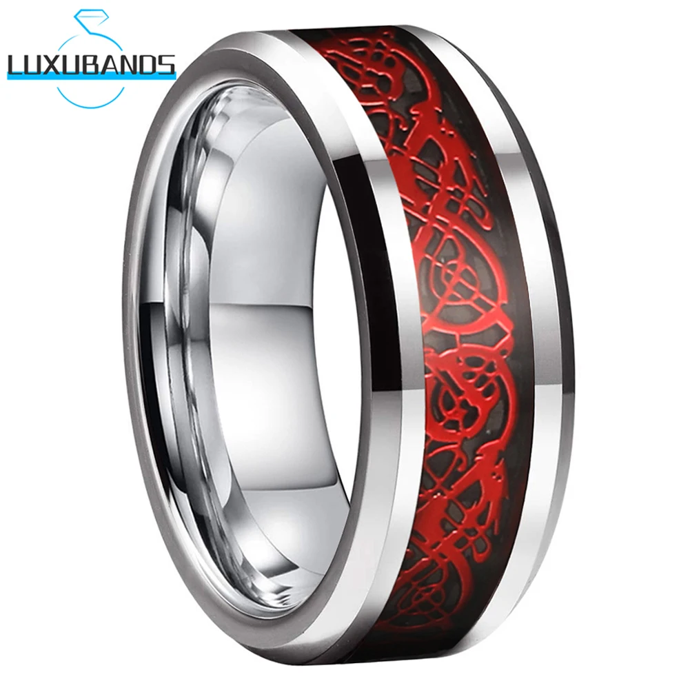

8mm 6mm Tungsten Carbide Ring For Men Wemen Red Dragon Beveled Edges Black Carbon-Fiber Inlay Polished Finish Comfort Fit