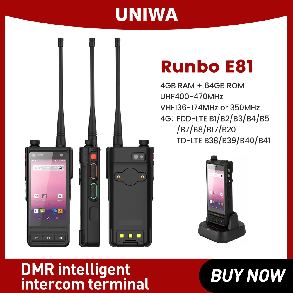 Rugged 4G Smartphone DMR UHF VHF Walkie Talkie Phone 4GB 64GB Digital Radio PTT 13MP Camera Android 8.1 NFC GPS UNIWA RUNBO E81