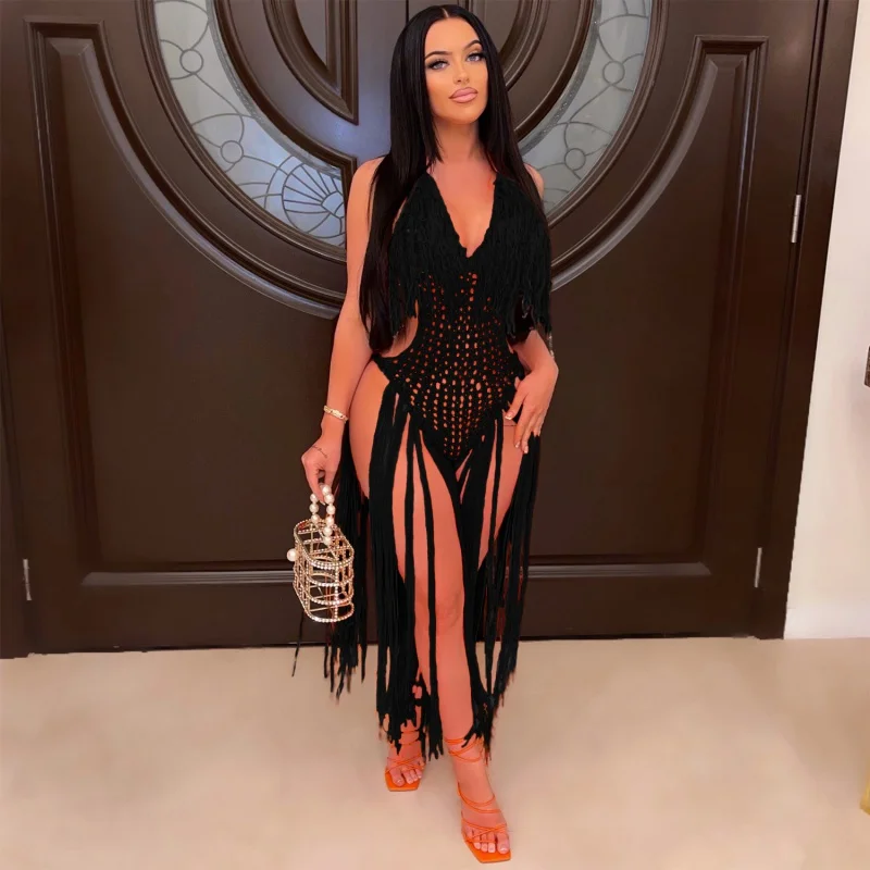 

Hot Fishnet Knitted Women Cover-ups Tassel Hollow Out Solid Beach Dress 2022 Summer Holiday Bathing Suit Sexy Night Club Party D