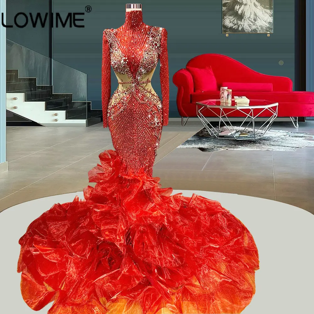 

Luxury Red Muslim High Neck Mermaid Evening Dresses 2022 Long Sleeves Sparkly Crystals Party Dresses for Weddings Arabic Gowns