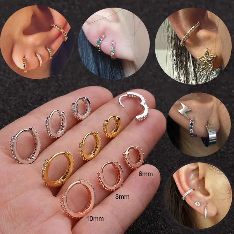 

1pc Rainbow Small Huggie Hoop Earrings Women Men Cartilage Dainty Cubic Zirconia Helix Piercing Conch Earlobe Tragus Circle Ring