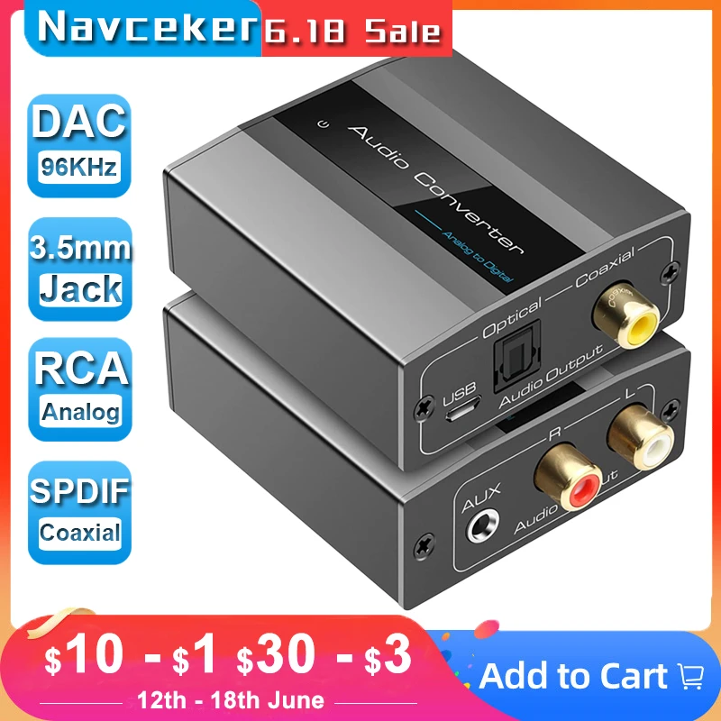 Navceker 96KHz Analog to Digital Audio Converter With RCA 3.5mm Jack Stereo to Optical Toslink SPDIF Coaxial Adapter for TV PS3