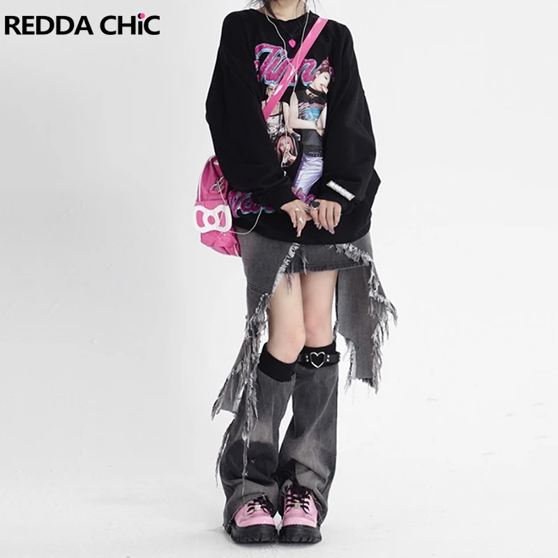 

REDDACHiC Women Retro Gray Low-waist Mini Denim Skirt & Waist Cape & Leg Warmers & Chain Belt Grunge Y2k Acubi Fashion Clothes