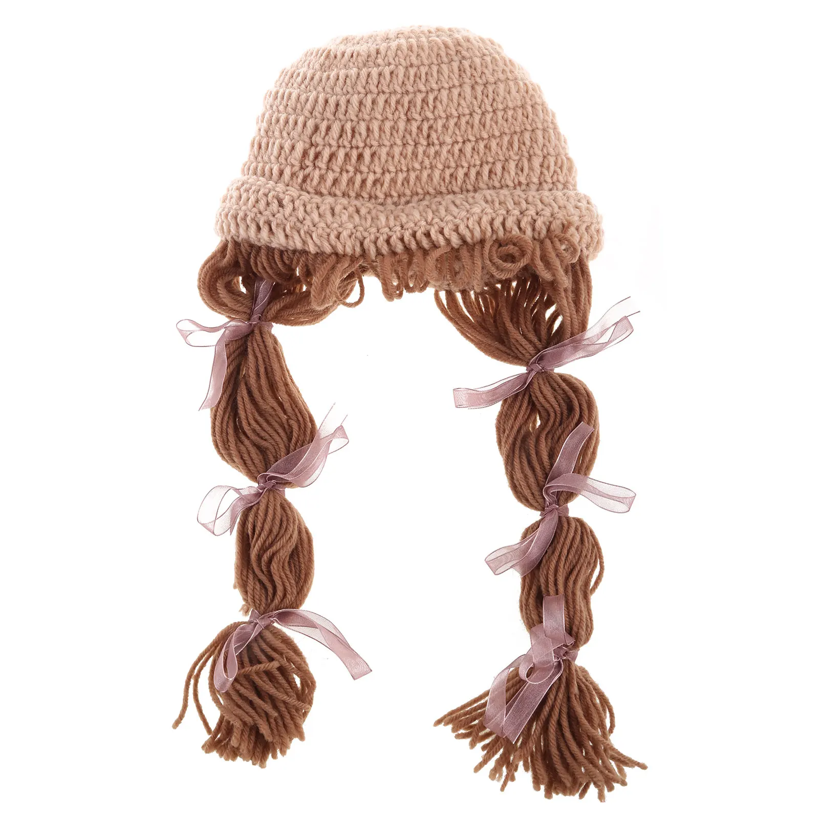 

Autumn Winter Handmade Knitted Baby Girls Wig Bowknot Hat Newborn Wigs Brades Kid Ear Protection Crochet Cap with Plaits