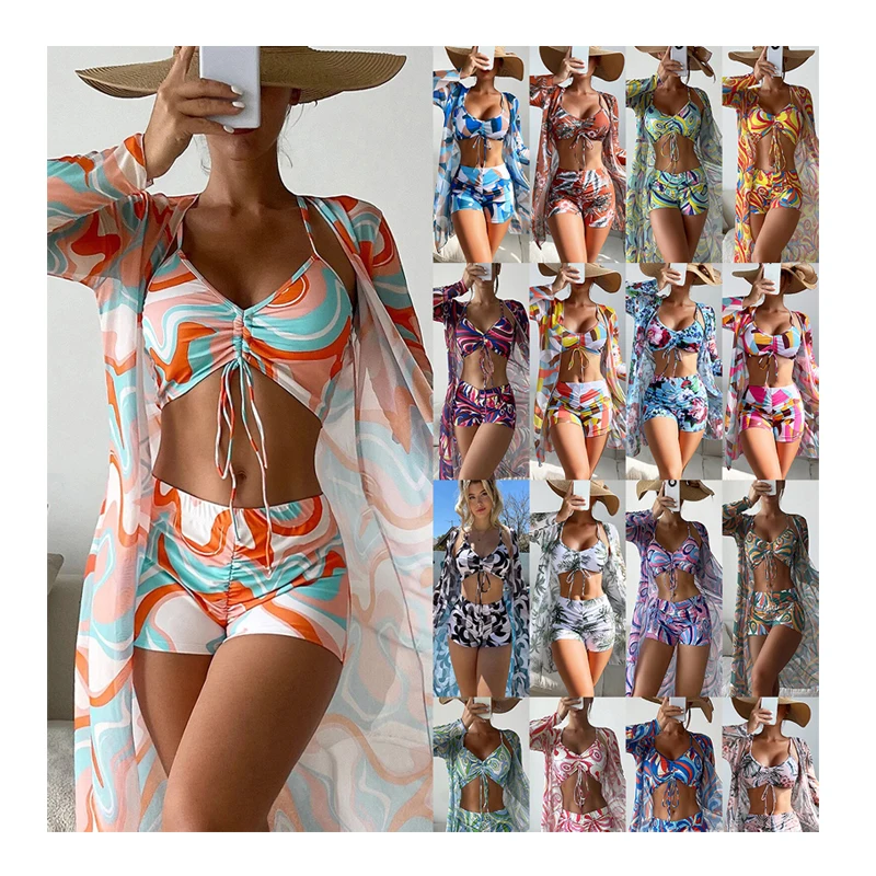 

Соблазнительные бикини с высокой талией, комплект из 3 предметов 2023, соблазнительный купальник с цветочным принтом и длинным рукавом, купальник с эффектом пуш-ап, пляжная одежда, женский купальный костюм