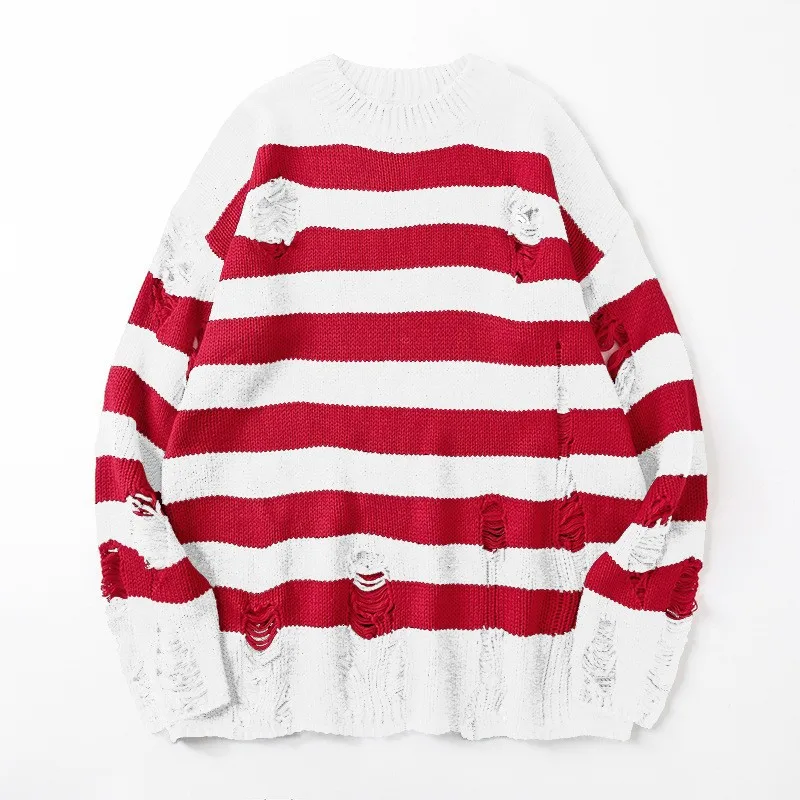 Couple Ripped Sweater Men and Women Trendy Brand Knitted Round Neck Striped Outer Sweater