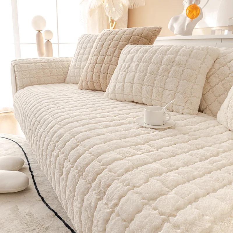 

Rabbit Plush Flocking Technique Keepwarm Sofa Cushion Antiskid Checkered Texture Sofa Towel Decorate Hotel Furniture Sofa Cover
