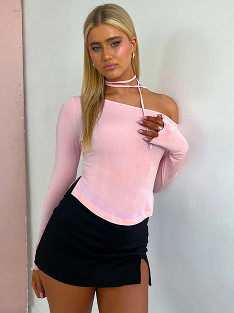 

Long Sleeve T Shirts Fairy Pink Y2K Women Summer Off Shoulder Bandage Split Slim Crop Tops Fashion Streetwear 2023