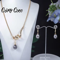 cring coco hawaiian jewelry set new fashion curved gold plated metal pearl pendant length adjustable necklace earrings for women