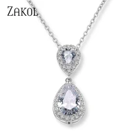zakol trendy white color water drop girl necklaces pendants with cubic zircon for women party wedding gift jewelry fsnp068