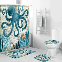 blue big octopus bath set thickness polyester waterproof shower curtains sea turtle toilet cover rugs set fashion home decor