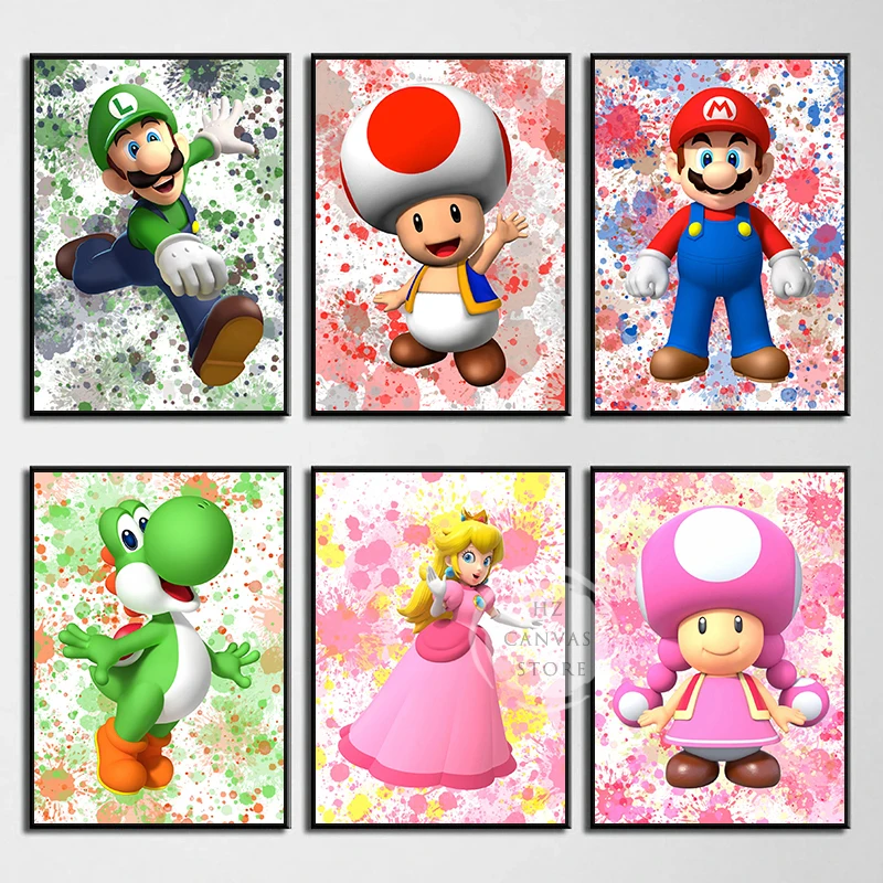 Классическая аниме-игра MM-Marios Bros цветные постеры с всплеском печать на холсте