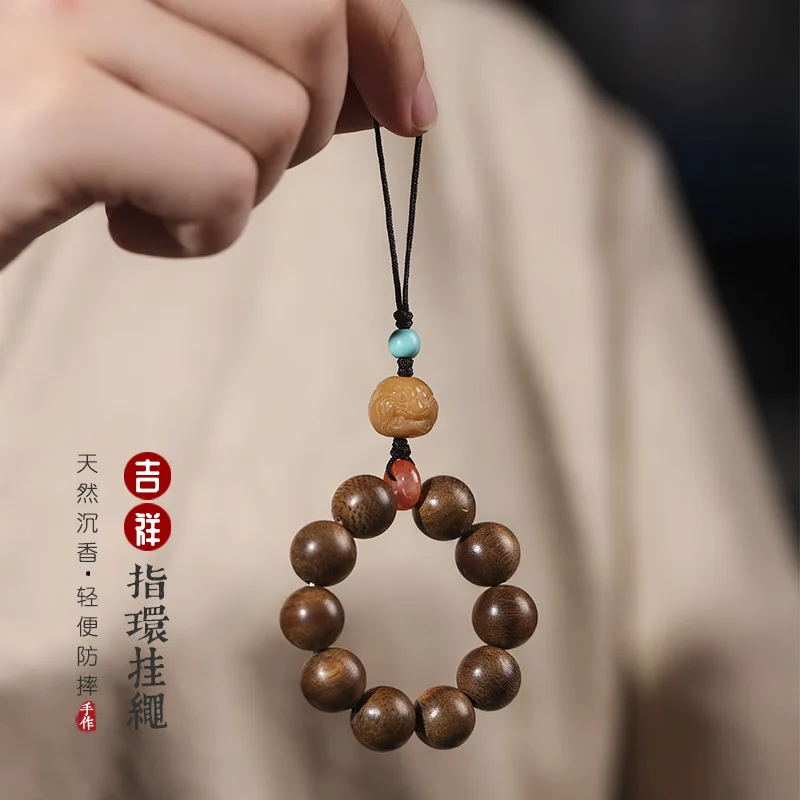 

Free shipping Natural Agarwood mini hand string literary retro plate play ring mobile phone anti-loss chain men girl bracelet