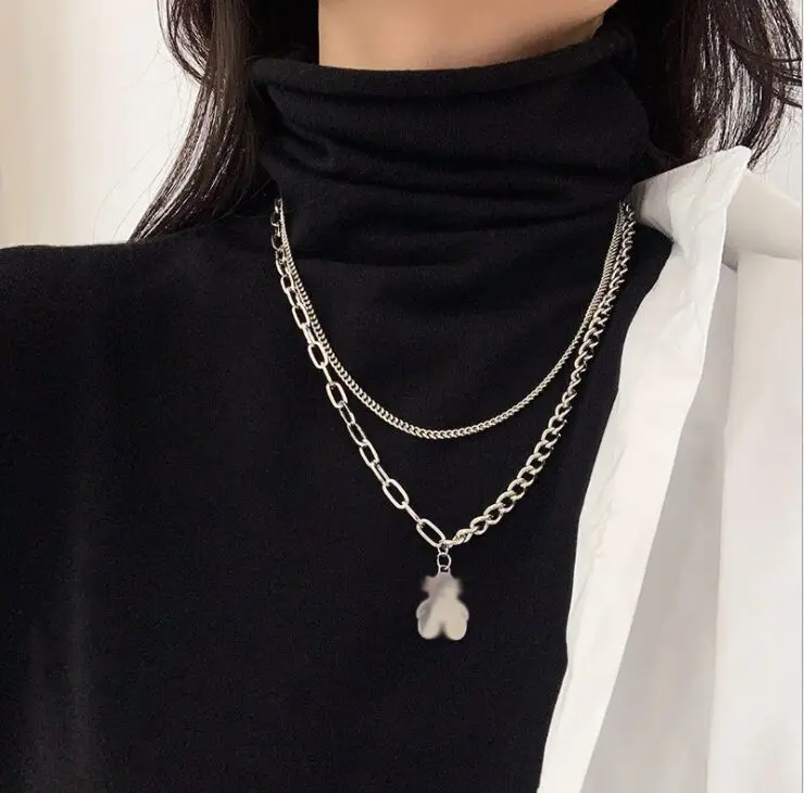 

WANGAIYAO hip-hop fashion asymmetric double-layer necklace personality retro bear pendant necklace temperament trendy short swea