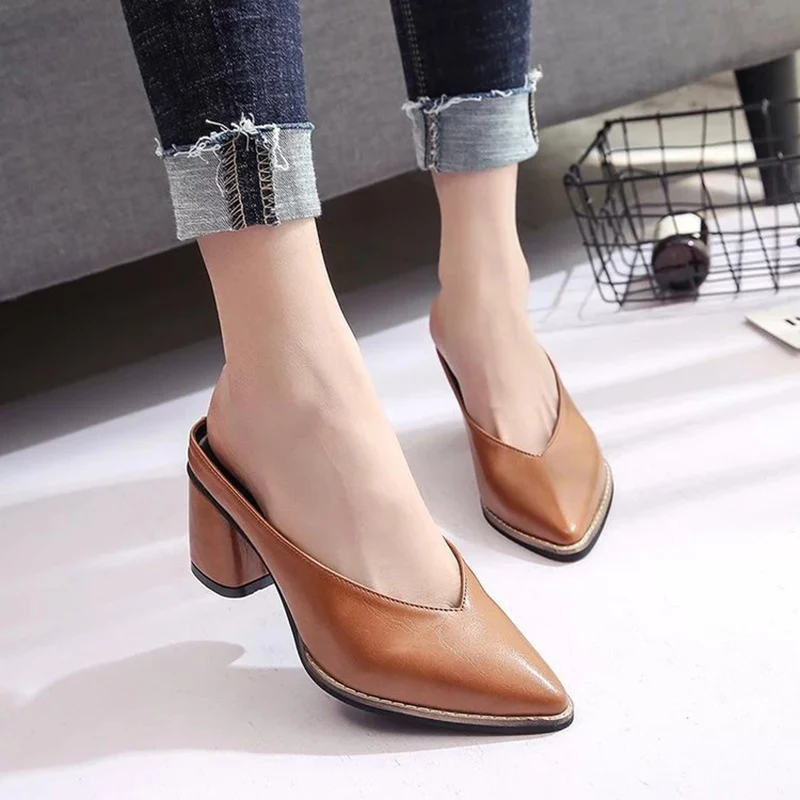 

Leather Summer Sandals Womens Loafers Shoes High Heels Shallow Mouth Slippers Pointed Ladies Slides Mulle Woman