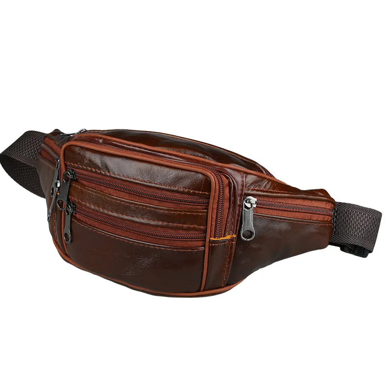 Genuine Leather Fanny Pack for Men Outdoor Travel Waist Bag Cowhide Large Size 7 Pockets Chest Bags Phone Pouch Running Camping