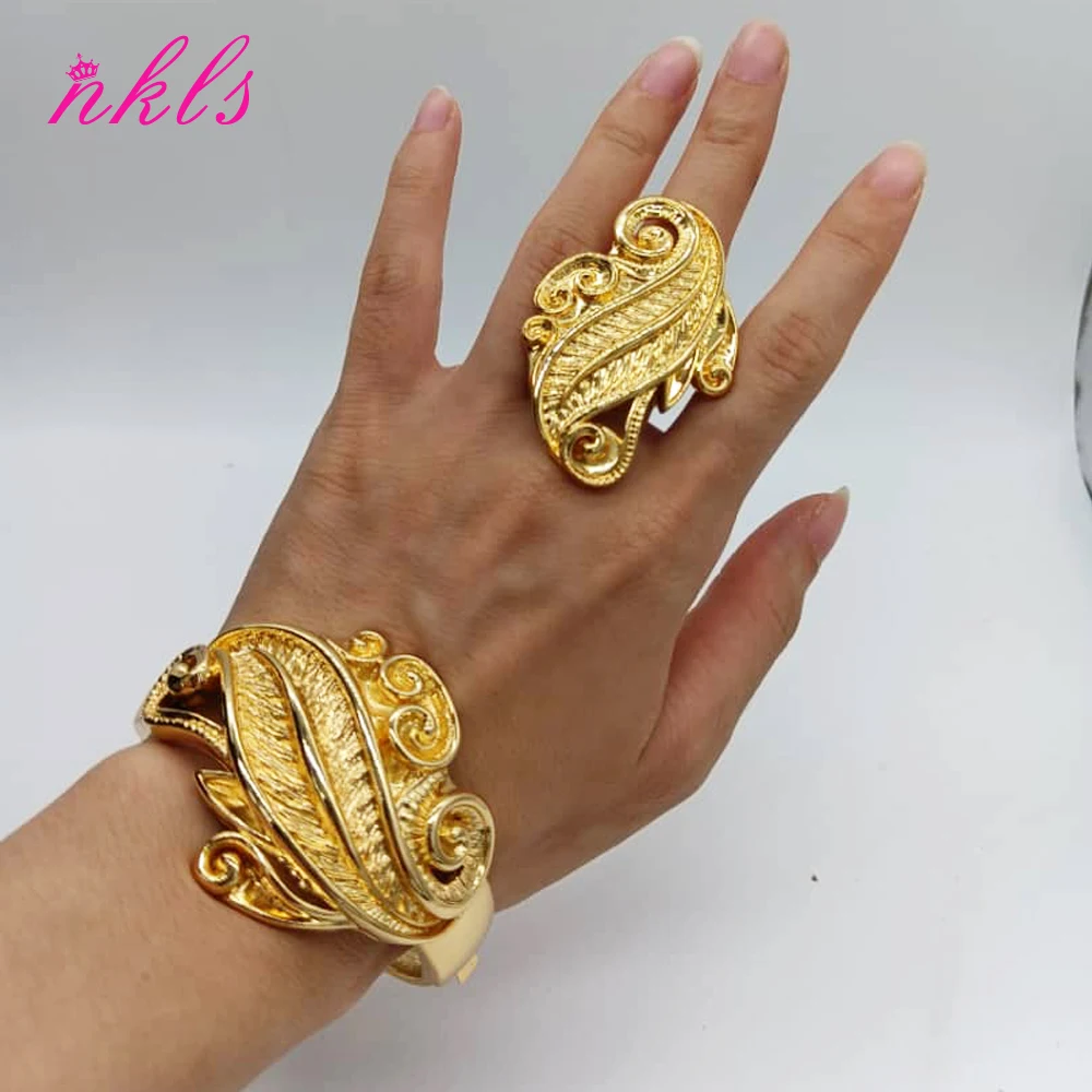 Luxury Flower Design Bracelet Ring Gold Color Middle East Copper Bangle Dubai Saudi Trendy Jewelry For Bridal Arabic Party Gift