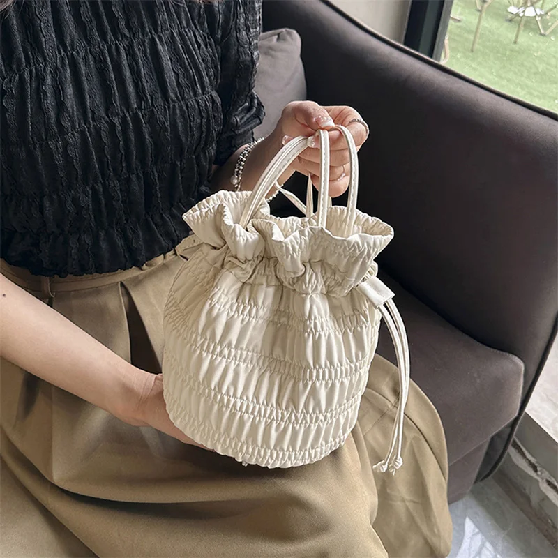 

Women's Bucket Shaped Underarm Bag Soft and Sweet Shoulder Bags PU Drawstring Pleated Handbags Solid Color Casual Simple