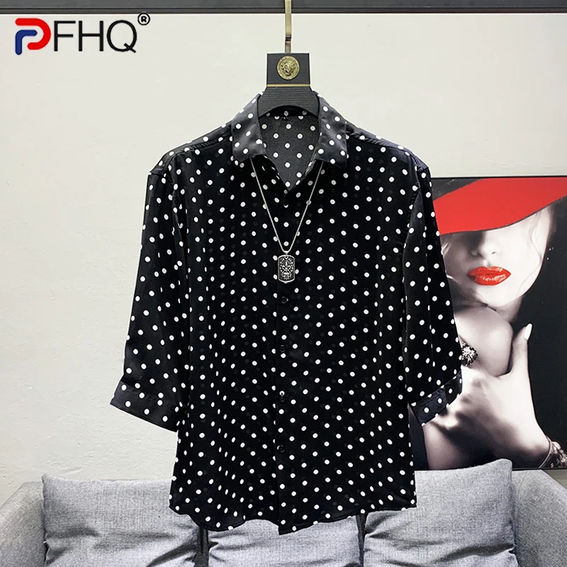 

PFHQ Summer Men's Chiffon Polka Dot Shirts Tide Breathable Comfortable Light Luxury Print Three Quarter Sleeve Chic Tops 21Z1147