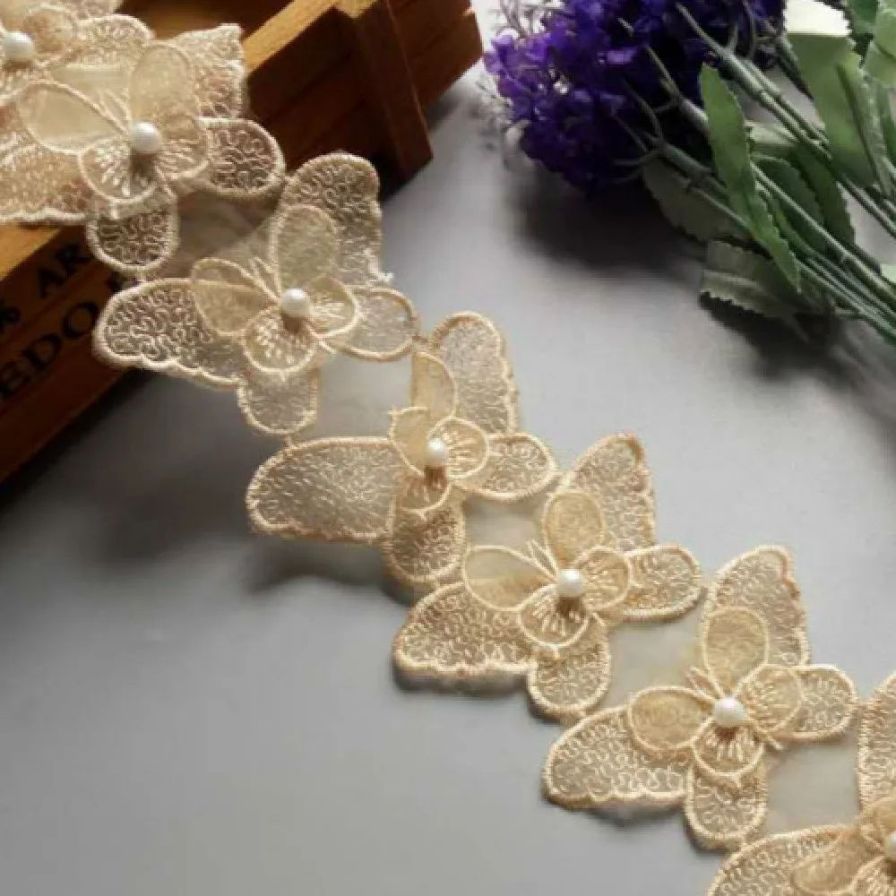 1 ярд Золотая Бабочка бант жемчужная вышитая кружевная отделка ткань лента