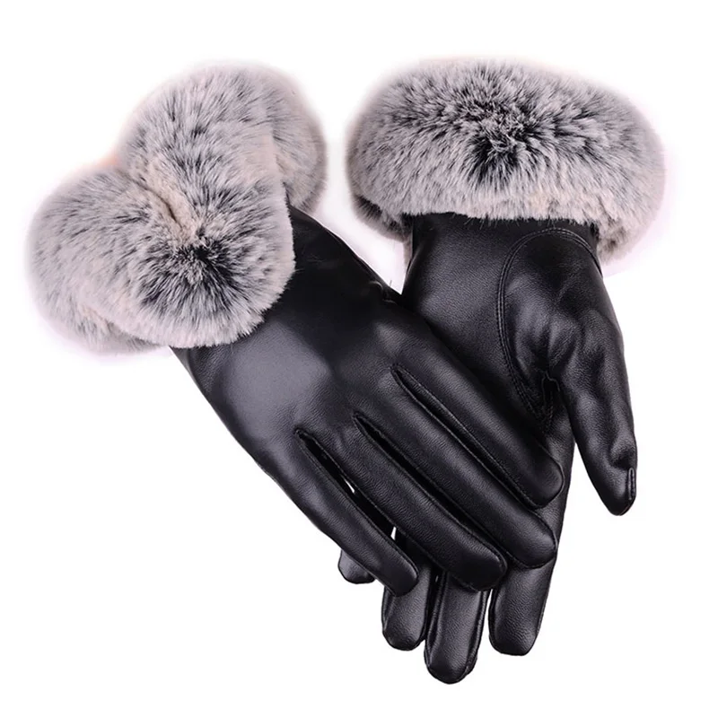 

Женские зимние перчатки из искусственной кожи с кроличьими ушками, варежки для сенсорных экранов, женские теплые перчатки для вождения на о...
