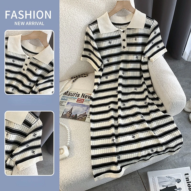 

Женские воротники сексуальные трикотажные платья летние полоски вышивка короткие рукава уличная одежда элегантный полый свитер платье