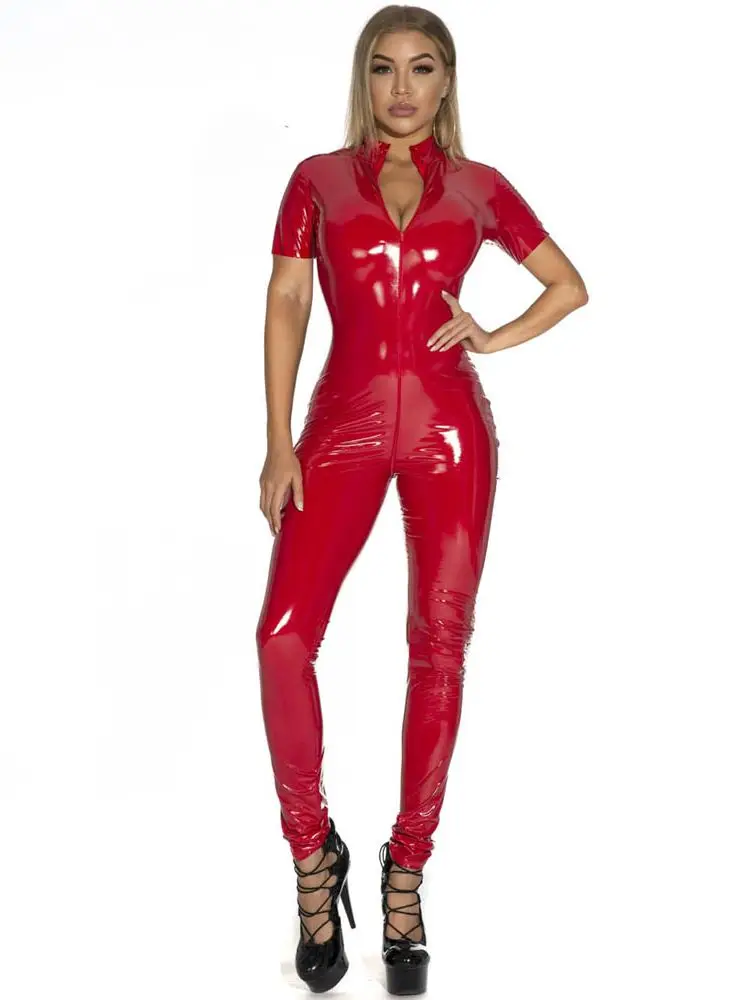 Short Sleeve Wet Look PVC Catsuit Double Zipper Open Crotch Bodysuit Shiny PU Leather Tights Jumpsuit Sexy Cosplay Body Leotard