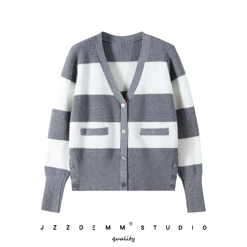 

TB college style knitted sweater cardigan women's autumn and winter new dark grid striped waist v-neck long-sleeved top coat