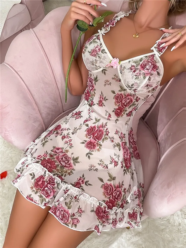 

Женская Сексуальная Ночная сорочка с рюшами, мягкая Ночная сорочка с v-образным вырезом, цельное платье с цветочным принтом