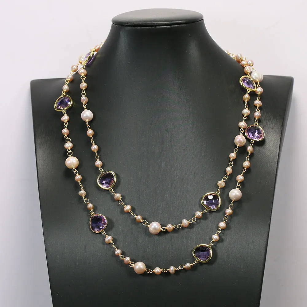 Натуральное ожерелье Lanvendar из фиолетового жемчуга, хрусталя, позолоченное стекло, соединительная цепочка, одиночное ожерелье ручной работы для женщин