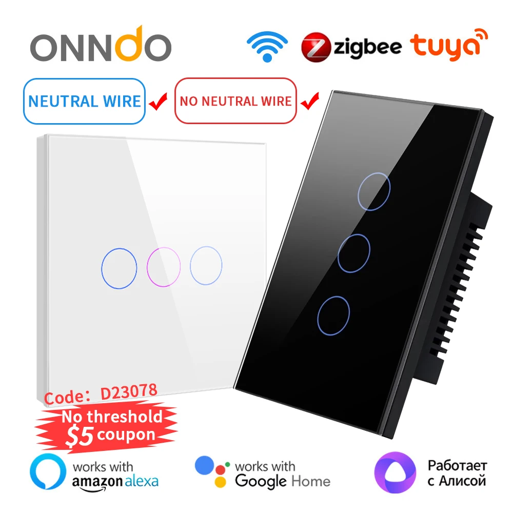 Умный сенсорный выключатель ONNDO Tuya Wi-Fi/Zigbee, переключатель с нейтральным проводом, без нейтрального провода, работает с Alexa, Google Home,Alice