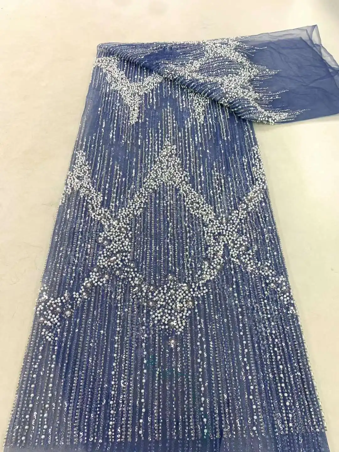 

Luxury Handmade Beads Lace Fabric Heavy Sequins Embroidery African Fabric French Tulle Mesh Lace For Wedding Dress