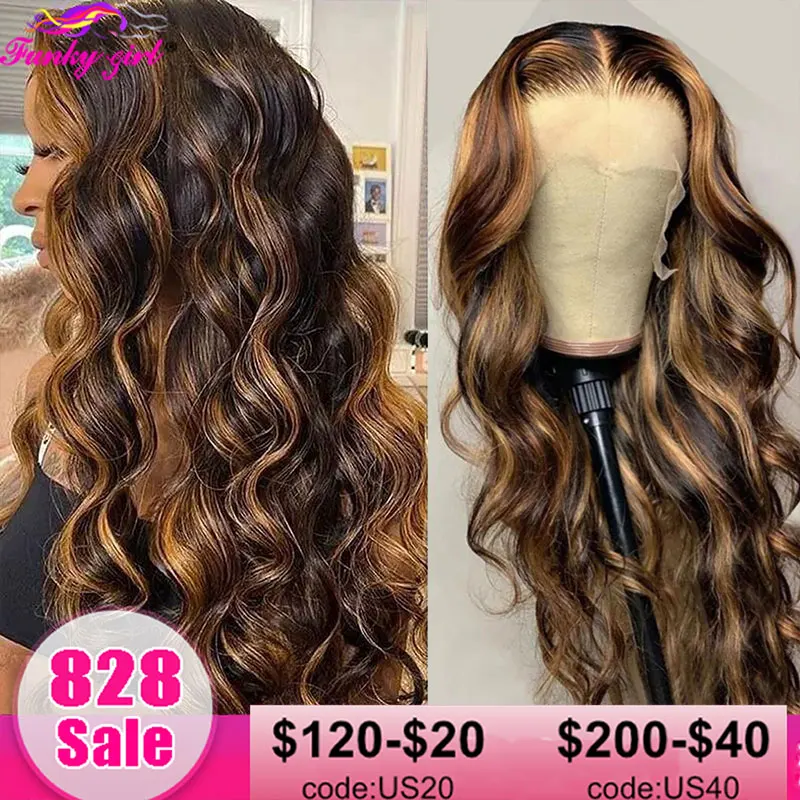 Brazilian 4/27 Highlight Body Wave Wig Human Hair Lace Wigs Body Wavy 13*1 T Part Transparent Lace Part Wig PrePlucked For Women