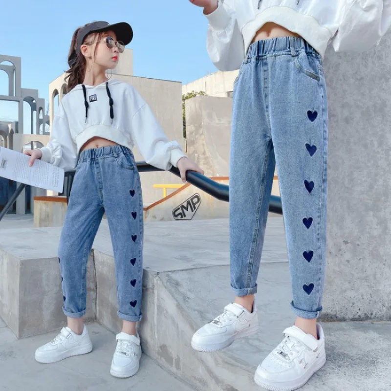 

Girl Denim Pants Spring Autumn Kids Heart Pattern Jeans Teen Elastic Waist Cowboy Trousers Casual Children Clothes 4 6 8 10 12 Y