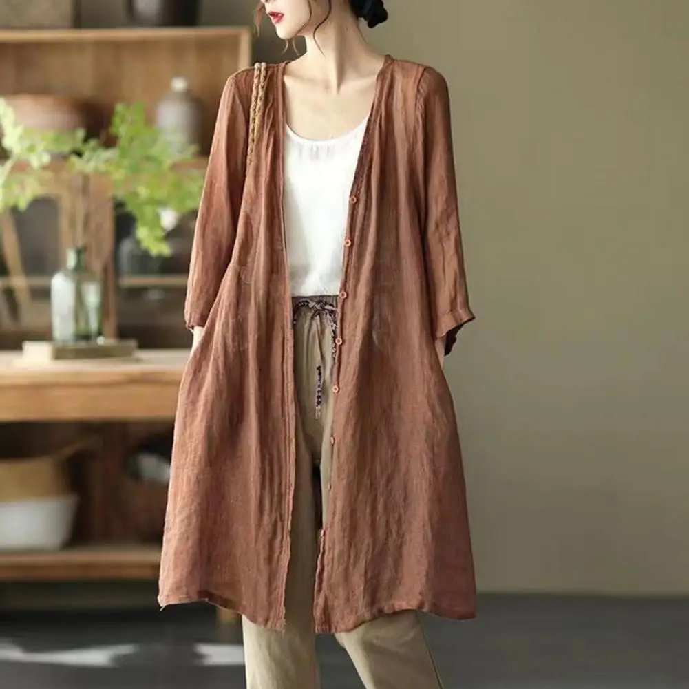 

Универсальная дышащая Однотонная рубашка в стиле ретро, длинное пальто, женская одежда