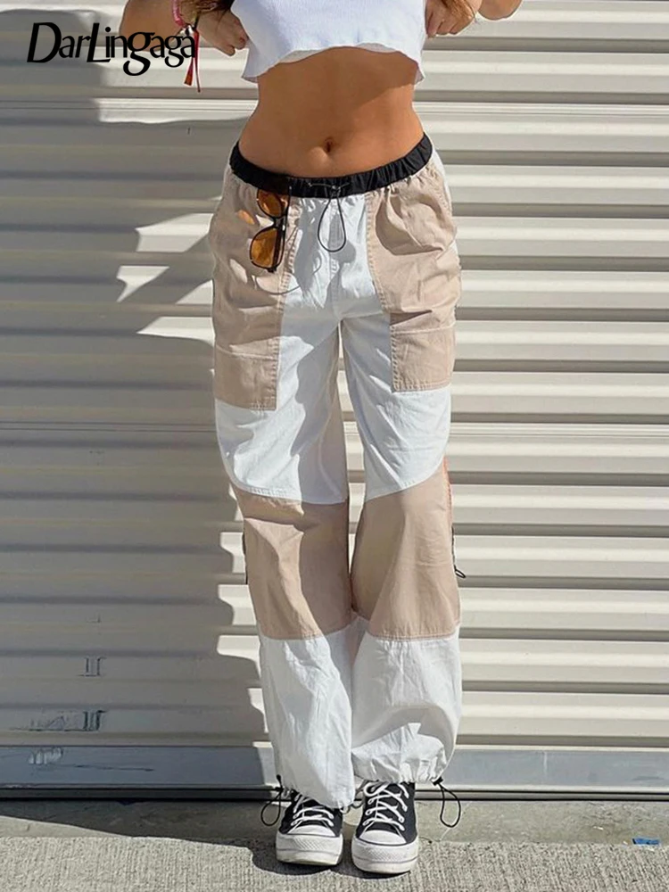 

Darlingaga Streetwear Patchwork Drawstring Low Waist Cargo Pants Female Casual Hip Hop Baggy Trousers Contrast Color Sweatpants