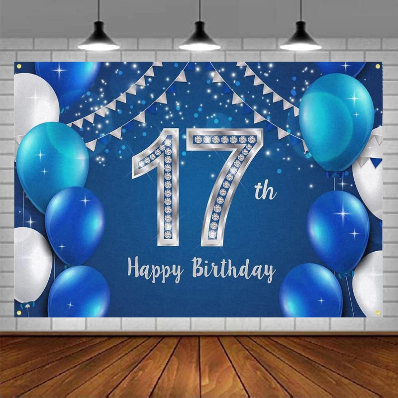 

Photography Backdrop Happy 17 Years Old 17th Birthday Decorations Banner Party Supplies Poster For Girls Boys - Blue Silver