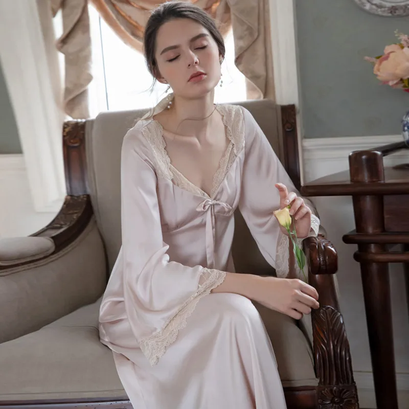 CAIYIER V-Neck Sexy Silk Nightdress Women Sweet Lace Sleepdress Retro Palace Long Sleeve Sleepshirts Fashion Party Nightgowns