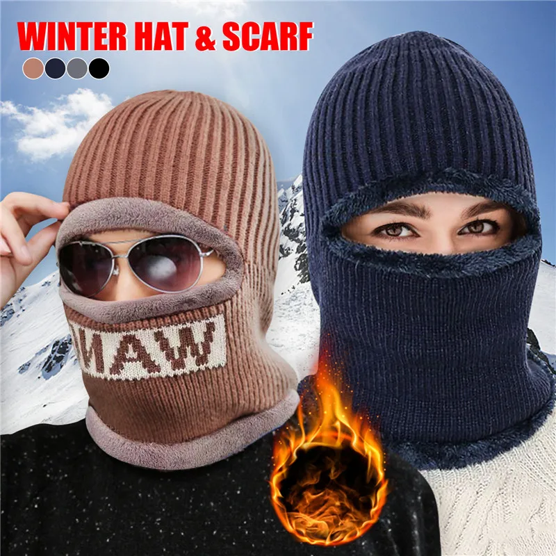 

Winter Warm Knitted Beanie Plush Fleece Men Women Anti Cold Windproof Pullovers Masked Hats Cycling Outdoor Beanies With Scarf