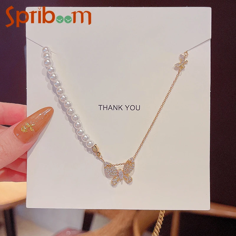 

Korean Butterfly Pendant Necklaces for Women Asymmetrical Pearl Chain Choker Titanium Steel Necklace Trendy Wedding Jewelry Gift